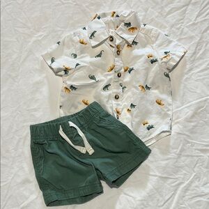 Dinosaur Print Kids Matching Set - White and Green